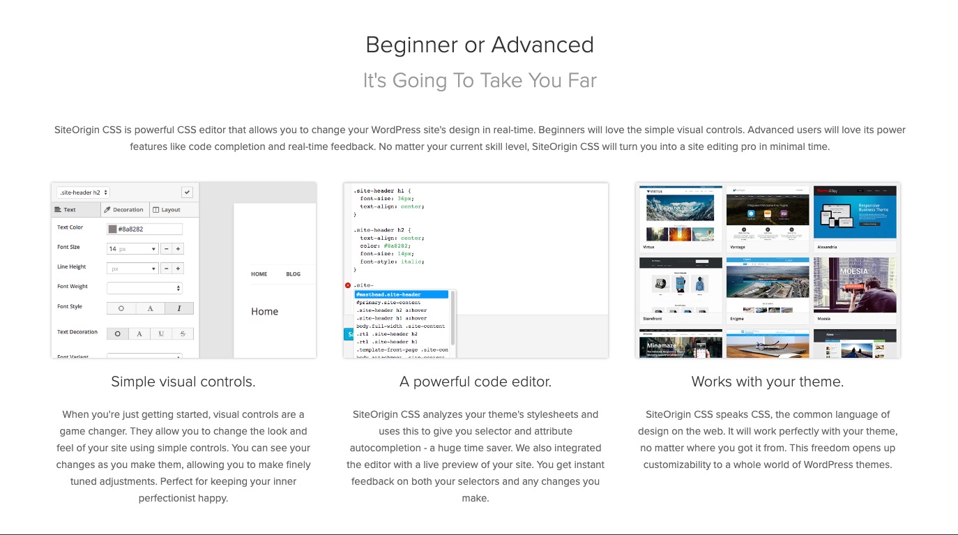 Capture d'écran des fonctionnalités du plugin SiteOrigin CSS