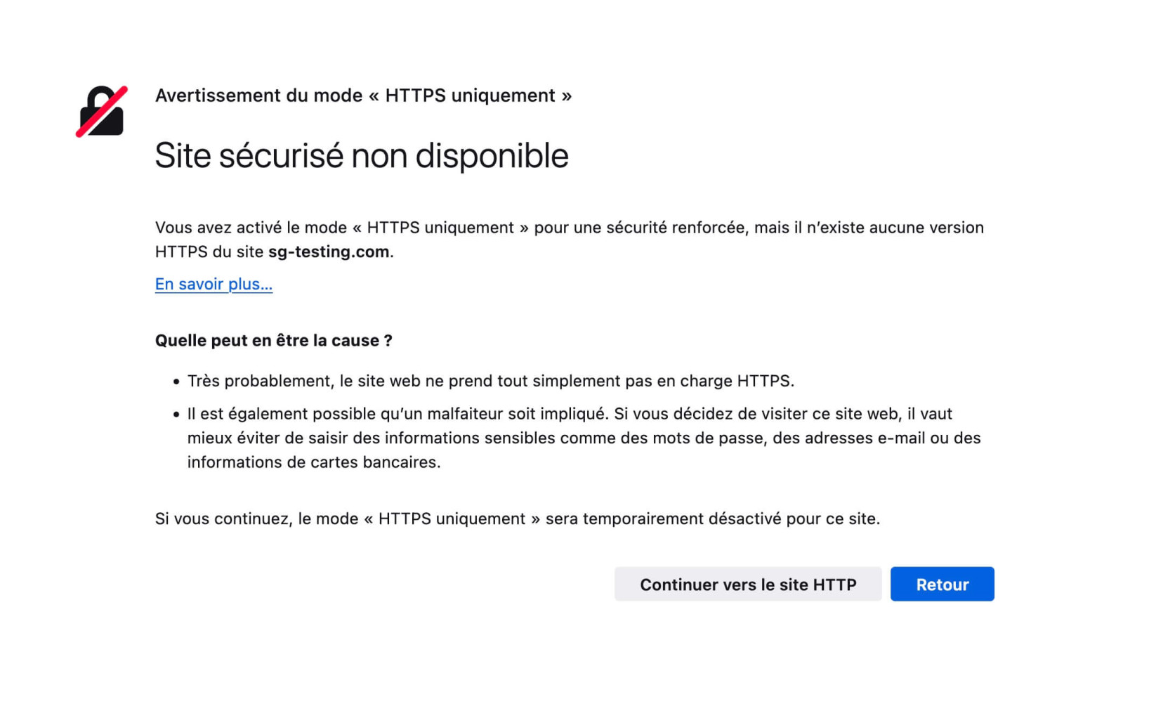Un message « Site sécurisé non disponible » sur Mozilla Firefox