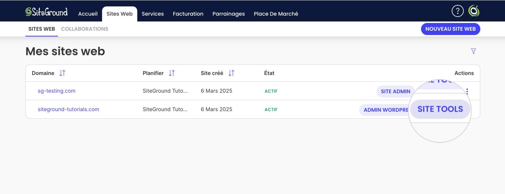 Bouton Site Tools dans l'Espace Client 