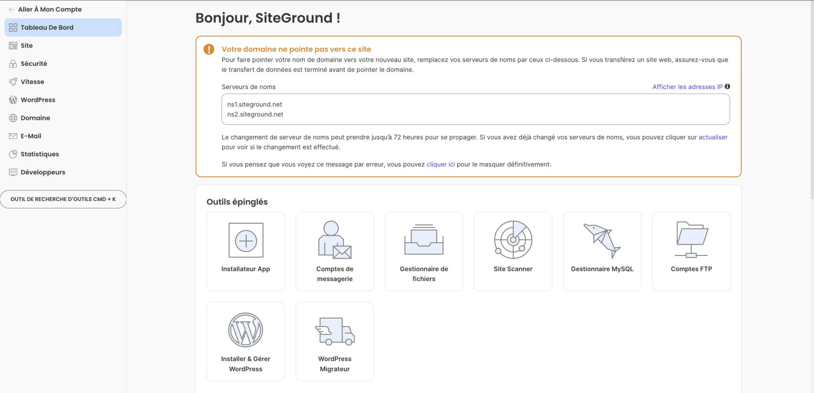 Avertissement DNS dans Site Tools 
