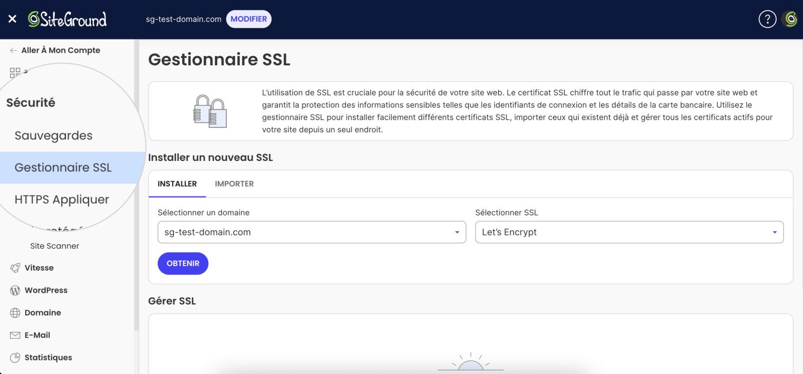 Capture d’écran du tableau de bord d’hébergement de SiteGround avec le SSL Manager mis en évidence, où l’utilisateur peut installer un certificat SSL gratuit sur son domaine.