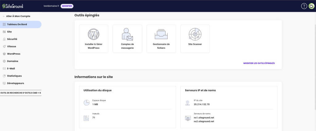 Une capture d'écran du panneau de contrôle intuitif et personnalisé de SiteGround Site Tools
