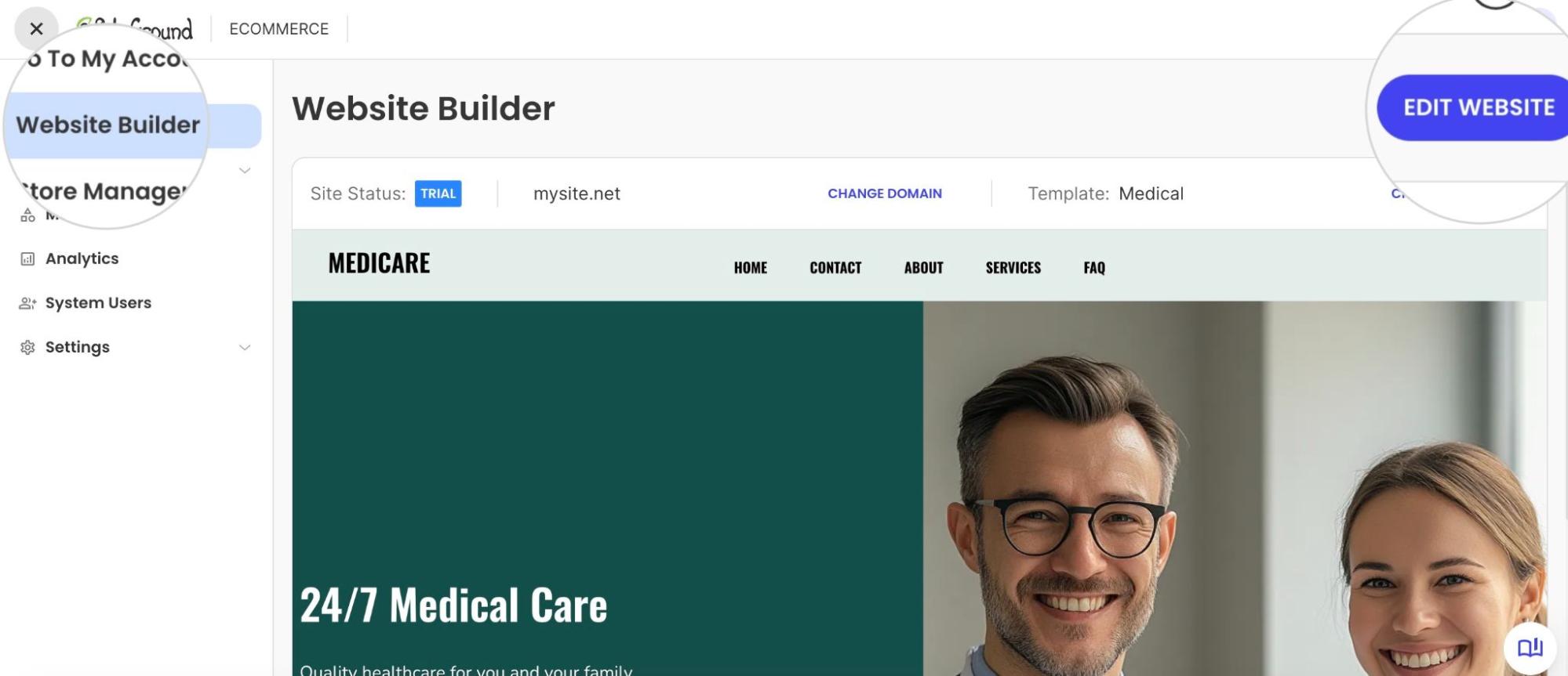 Dashboard for a "MEDICARE" trial site in the SiteGround Website Builder with an Edit Website button.