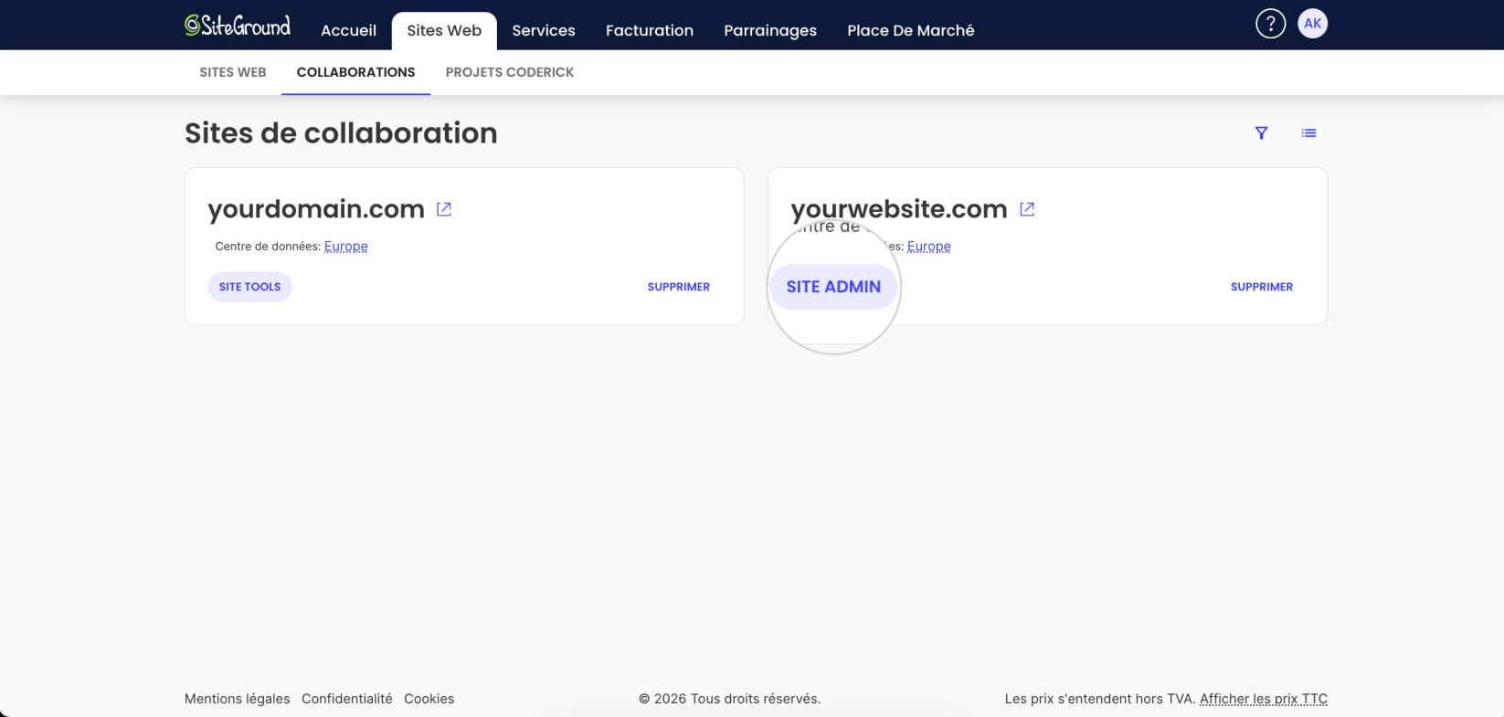 Section « Sites en collaboration » dans l’espace client de SiteGround, affichant deux sites (yourdomain.com et yourwebsite.com) avec le centre de données situé en Europe et le bouton mis en évidence « SITE ADMIN » pour accéder à l’administration du site.