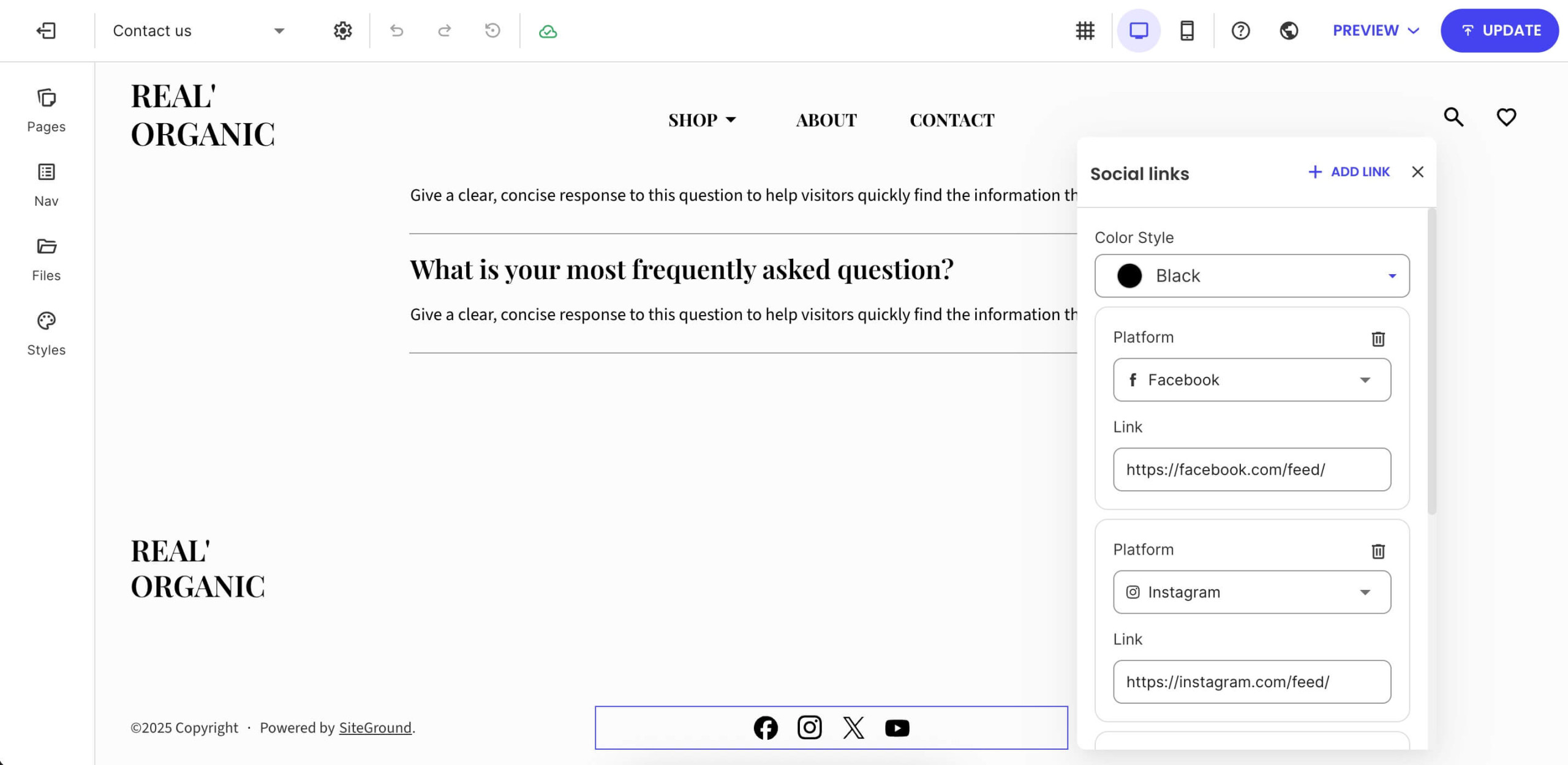 Social links settings in SiteGround Website Builder with Facebook and Instagram links added and icon style options.