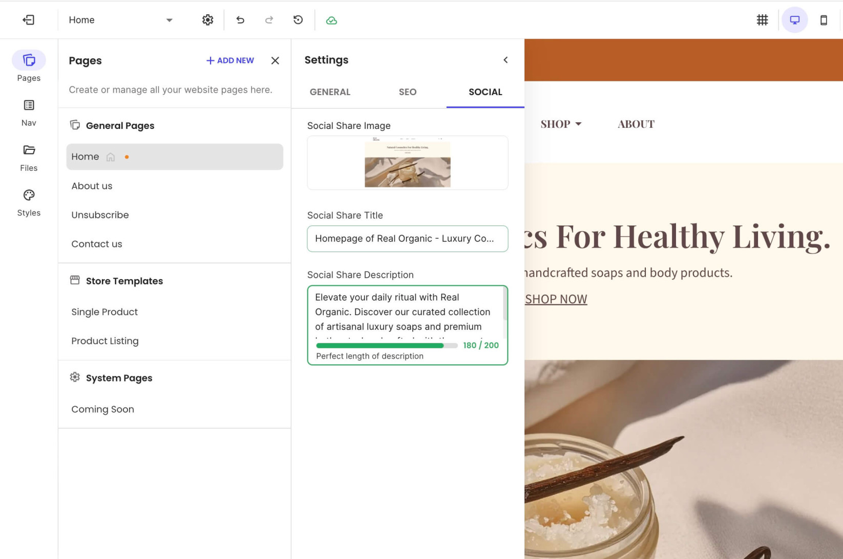 Social share settings for a page displaying the Social Share Title and Social Share Description