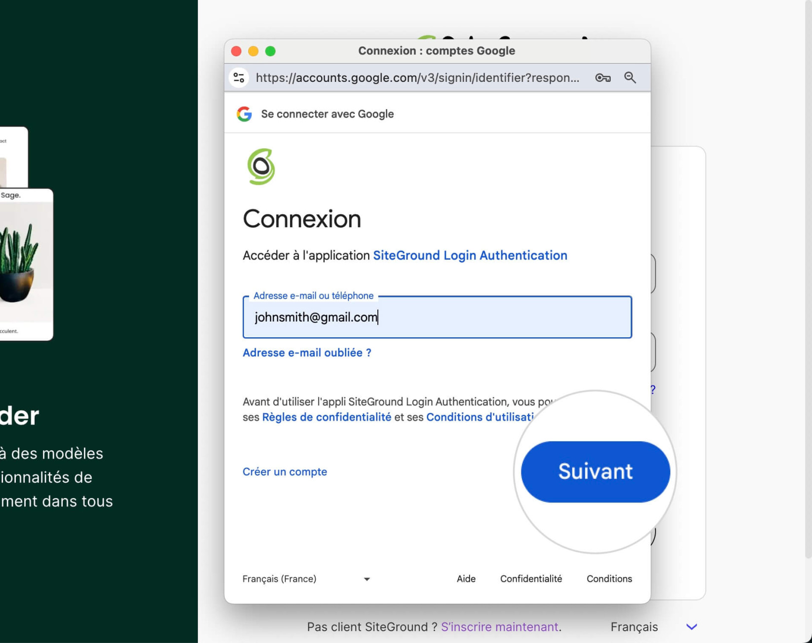 Page de connexion Google pour la connexion SiteGround