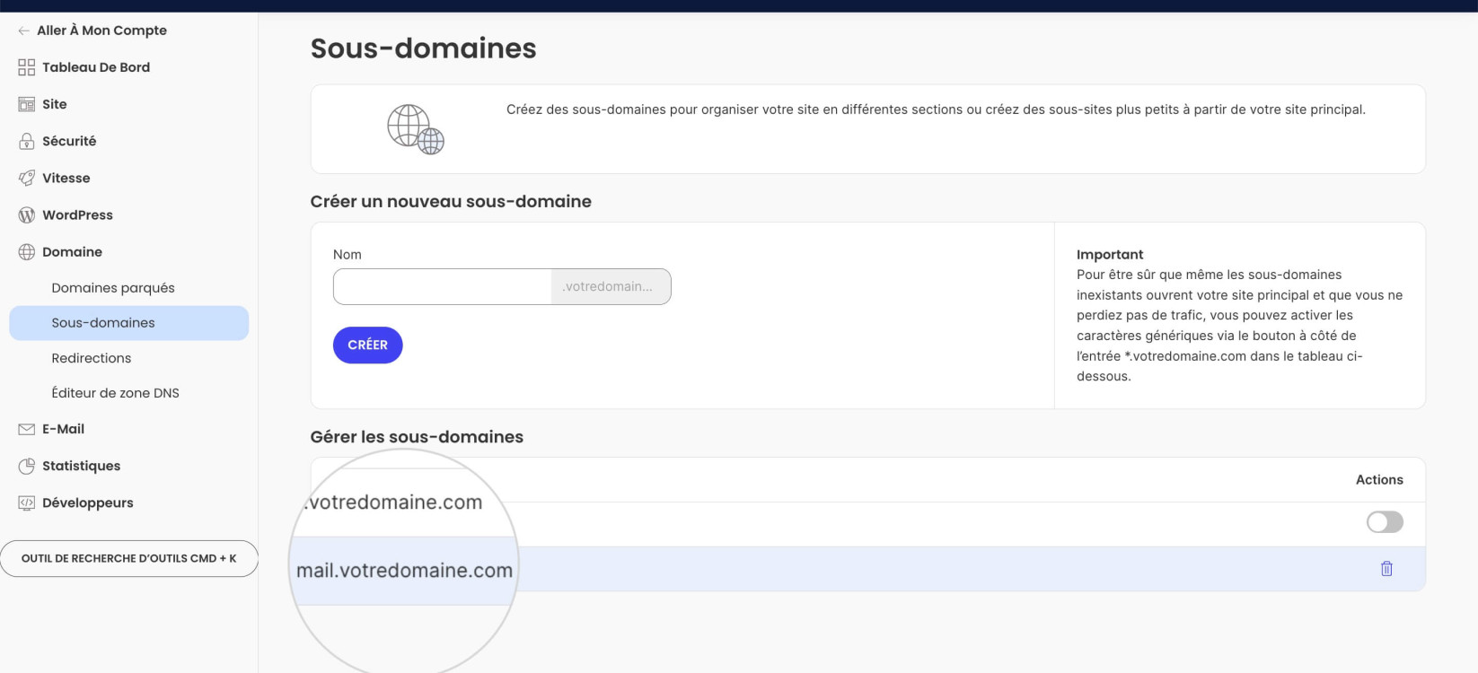 Sous-domaines dans Site Tools 