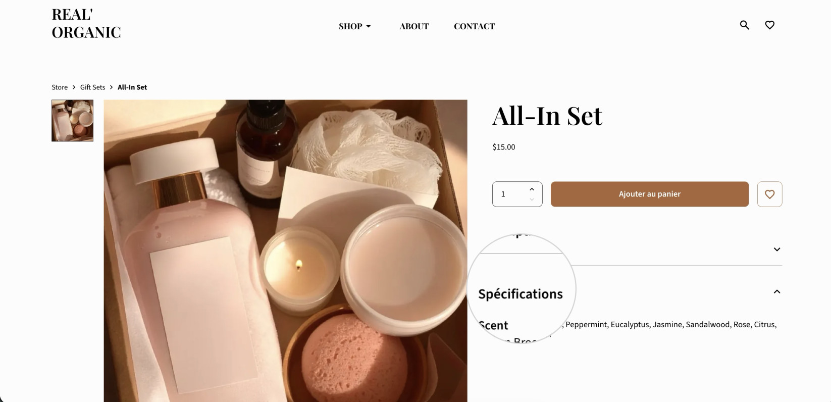 Spécifications du produit affichées sur la page produit de la boutique.