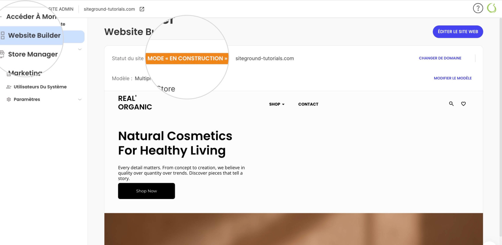 Section Website Builder dans Site Admin avec un Statut du Site mis en évidence indiquant que le mode Coming Soon est activé