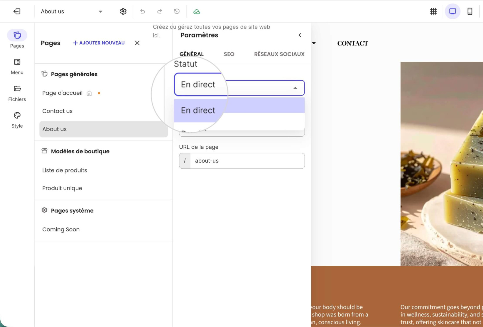 Statut de la page En direct pour activer une page dans le Website Builder