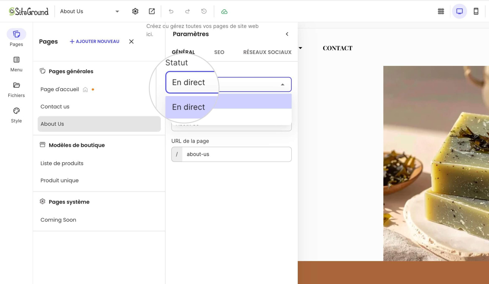 Menu Statut de la page dans Website Builder où vous pouvez définir le statut de la page sur En direct