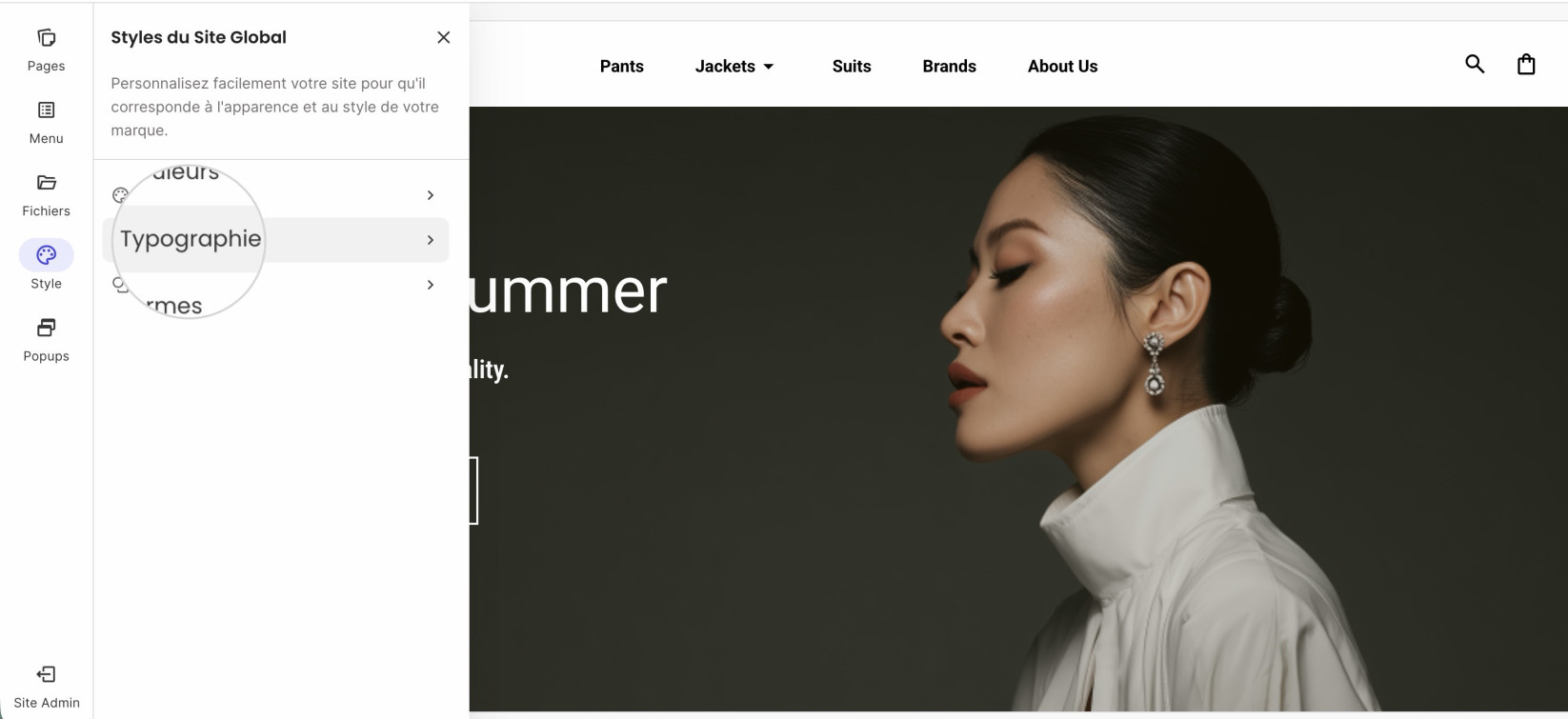 Dans la barre d'outils du menu de gauche, choisissez Styles puis Typographie