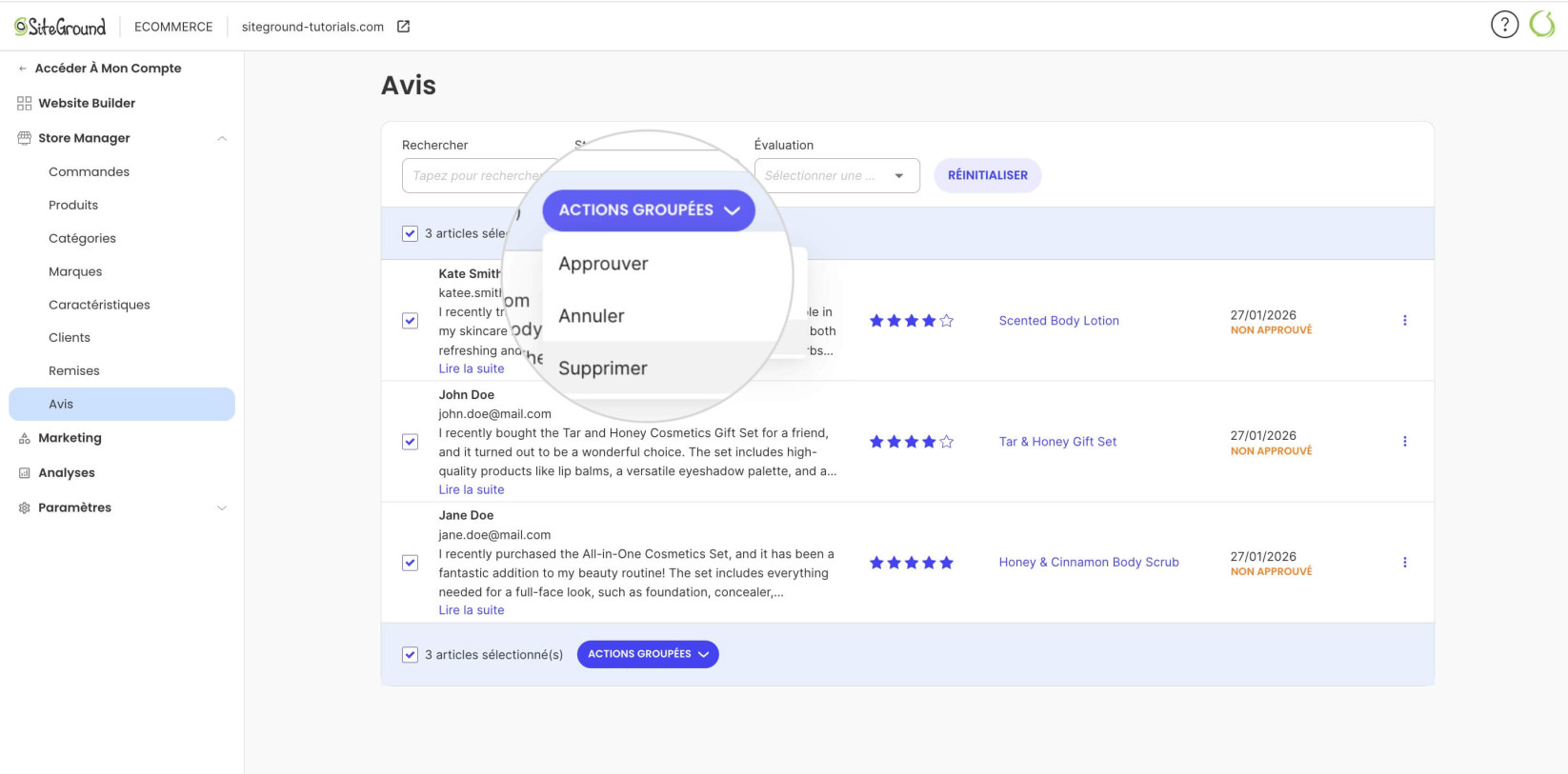 Menu déroulant des actions avec l'option 'Supprimer' sélectionnée