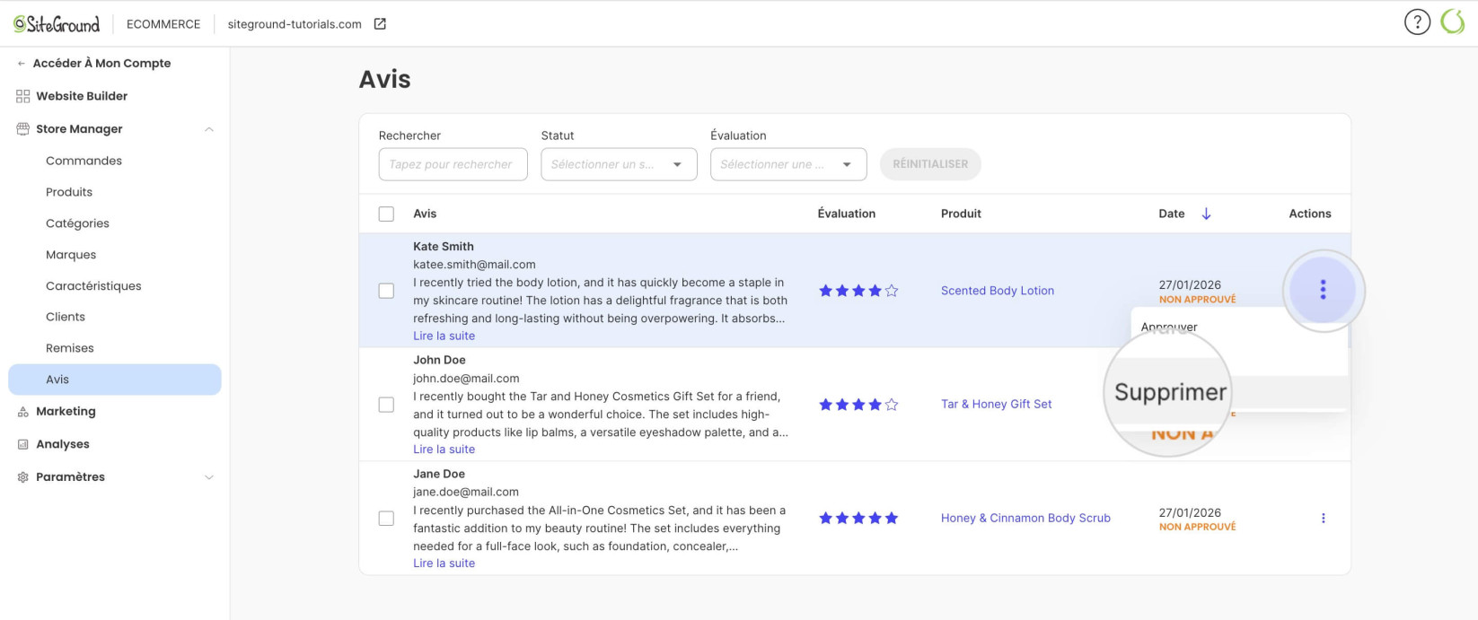 Menu Actions avec l'option 'Supprimer' pour un avis produit