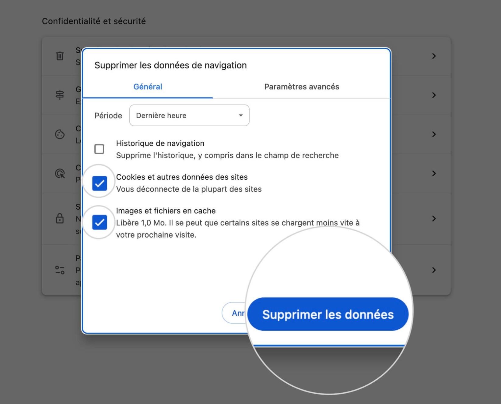 Menu de suppression des données de navigation dans Chrome affichant les options pour effacer les fichiers en cache et les cookies