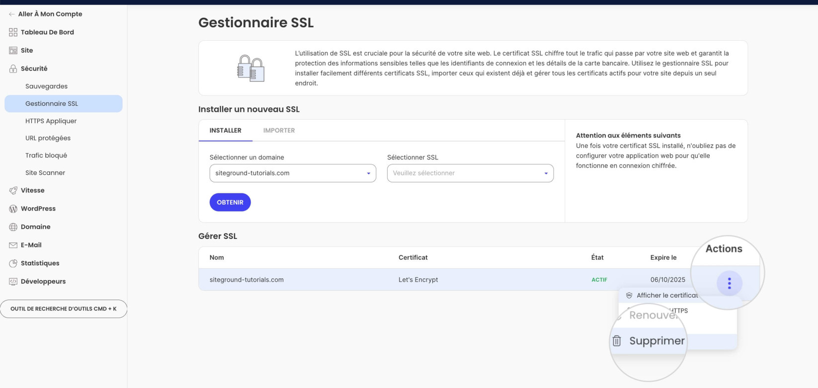 Suppression d'un certificat SSL
