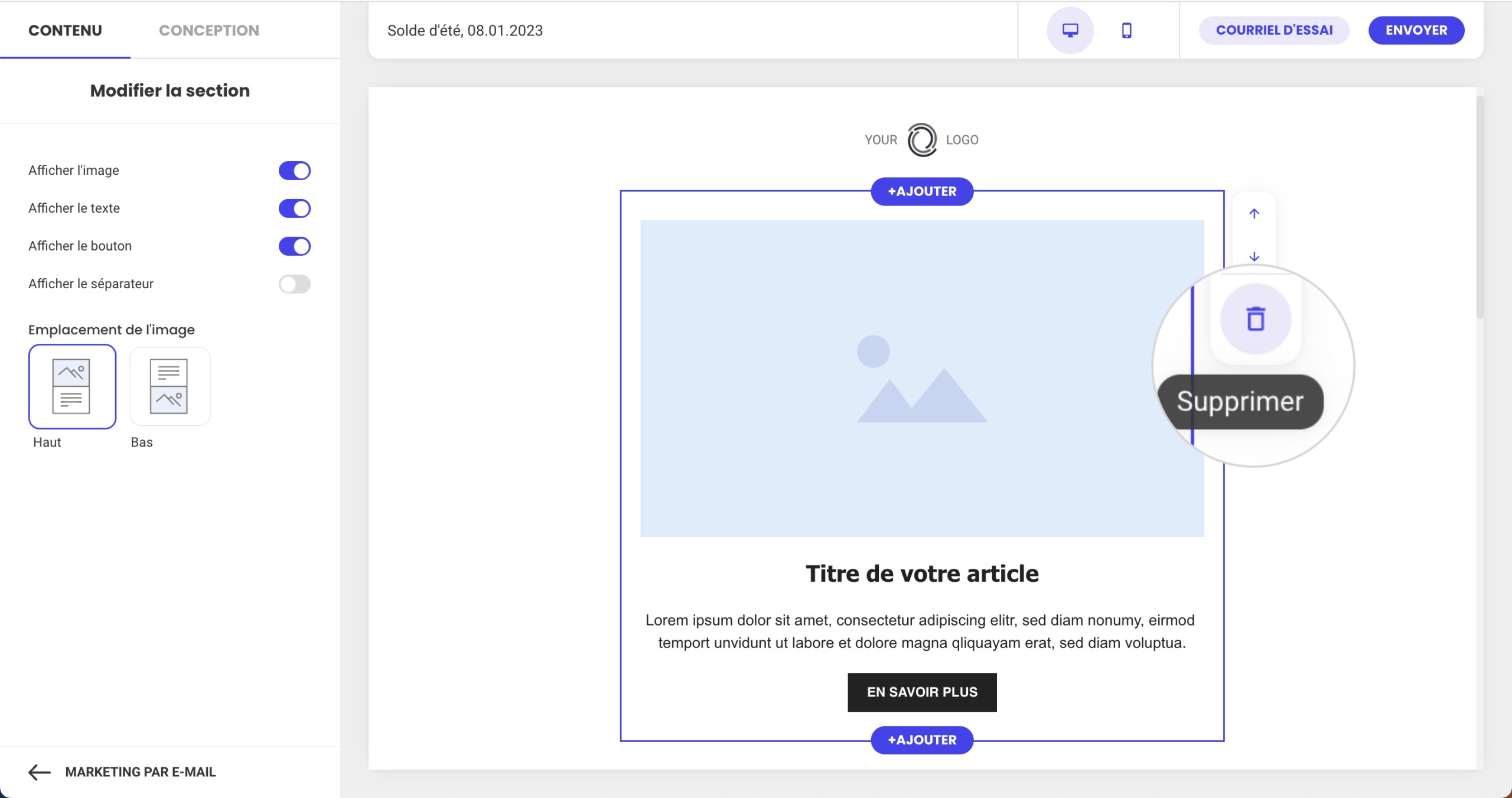 Capture d’écran montrant comment supprimer une section