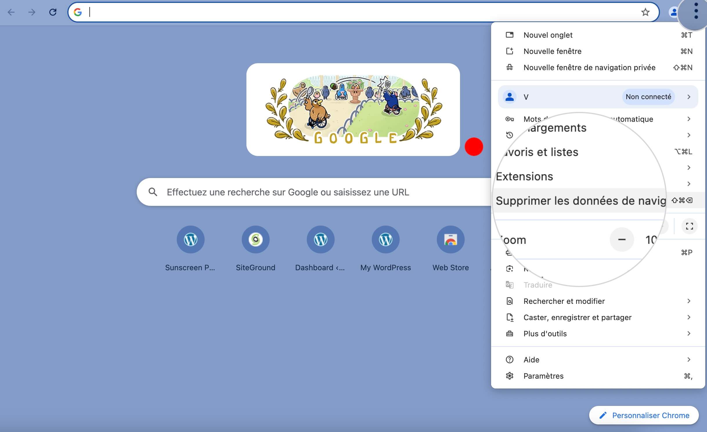 Capture d'écran montrant comment accéder au paramètre Supprimer l'historique de navigation de Chrome