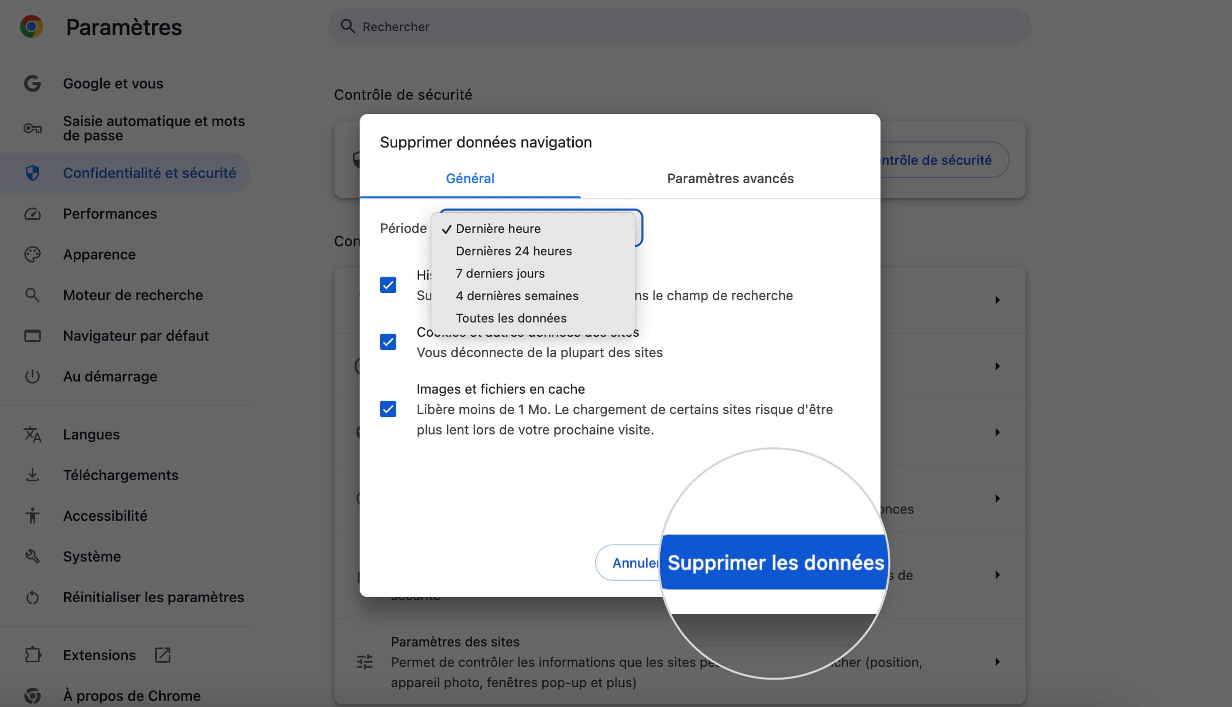 Capture d'écran montrant comment supprimer les données de navigation, les images en cache et les cookies de Chrome