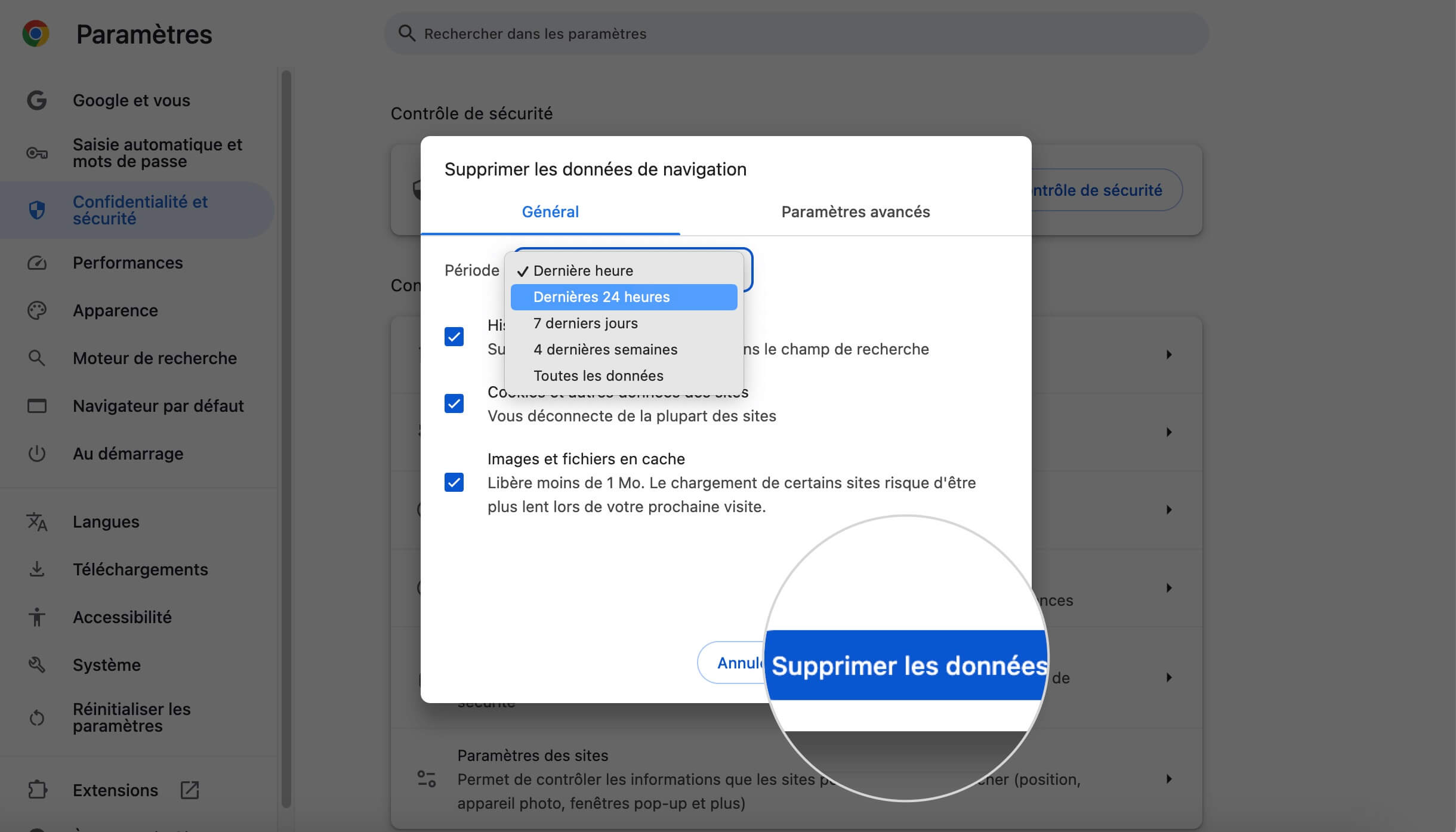 Section Effacer les données de navigation de Google Chrome pour supprimer l'historique, les cookies et les images en cache afin de résoudre les problèmes de certificat SSL.
