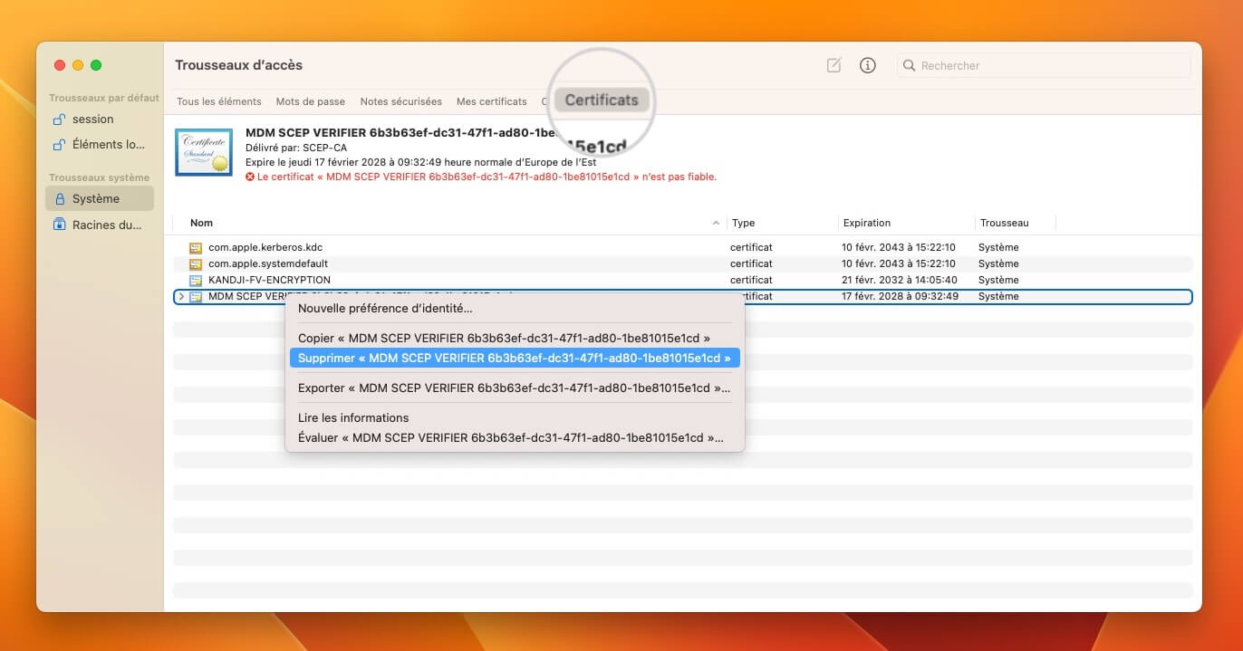 Comment supprimer un certificat SSL du Trousseaux d'accès