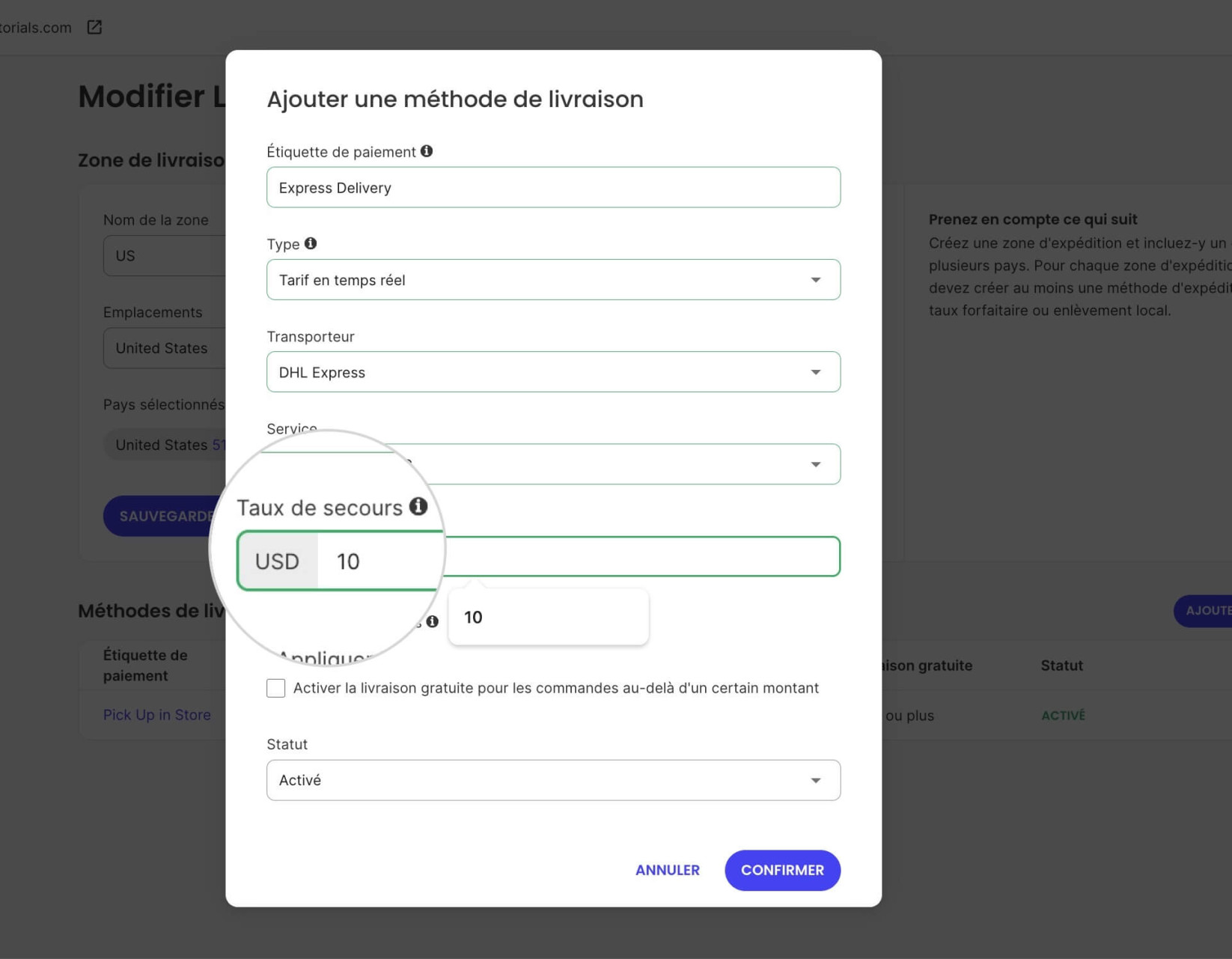 Une fenêtre pop-up pour configurer la méthode d'expédition Tarif en temps réel où un tarif de secours est défini