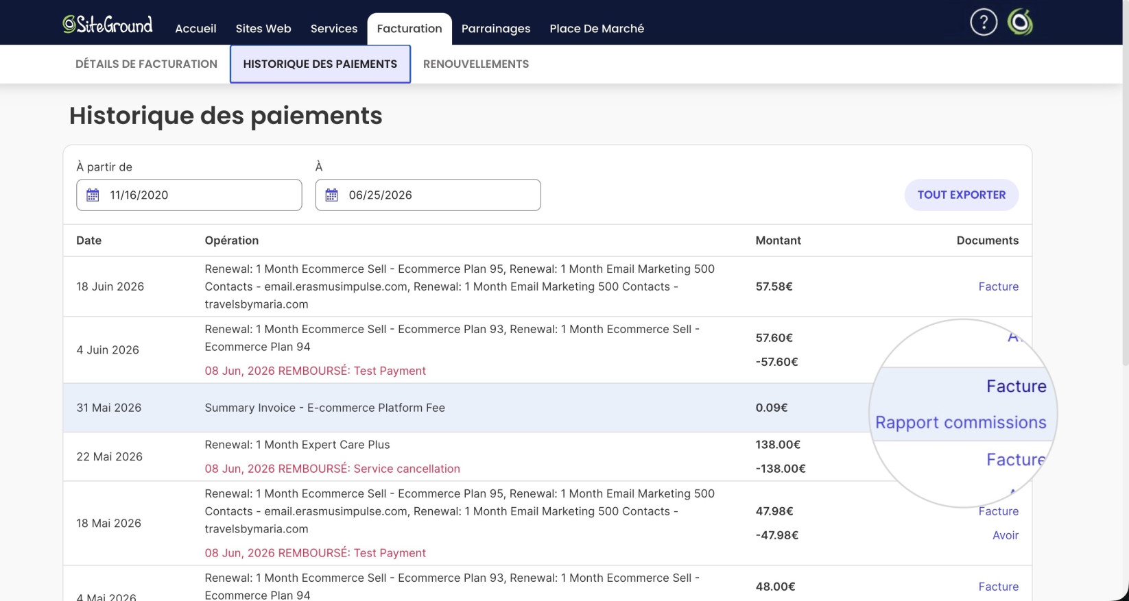 Un paiement de frais de plateforme Ecommerce mis en évidence dans l'Historique de facturation d'un Espace Client