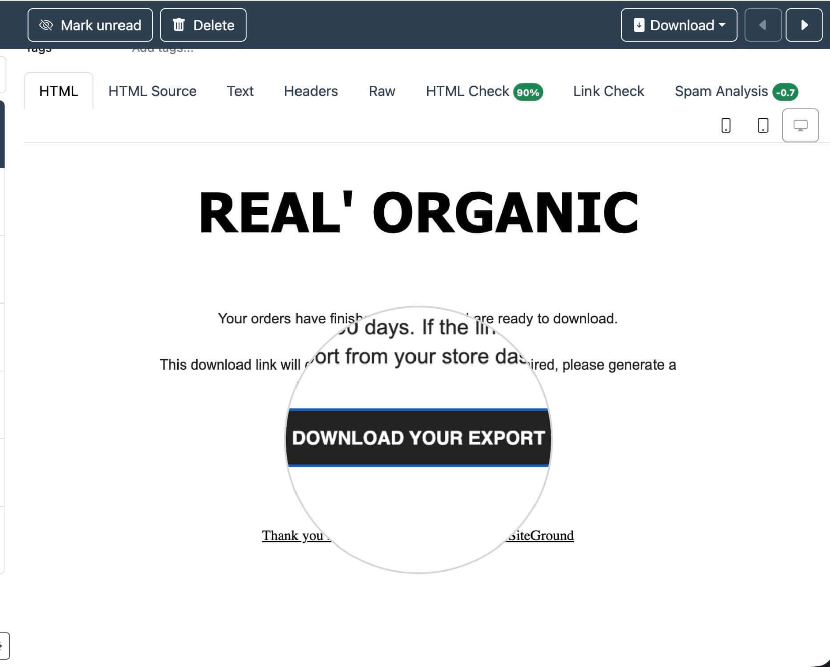 Un e-mail envoyé à la boîte de réception du propriétaire de la boutique affichant le bouton Télécharger votre exportation