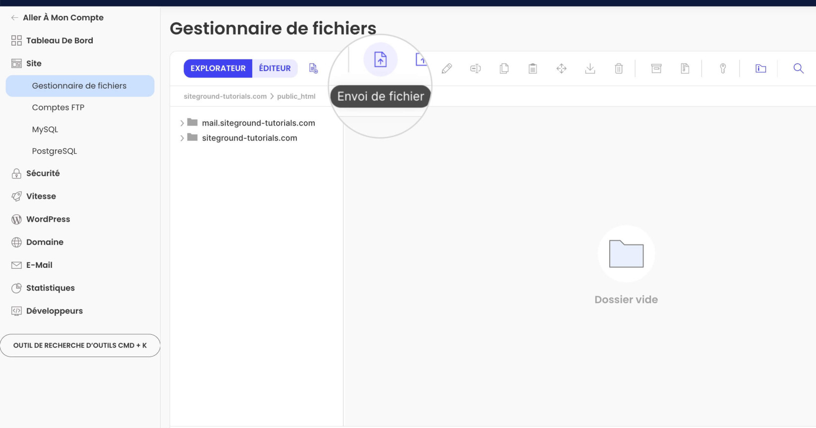 Téléversement d'une sauvegarde de site web