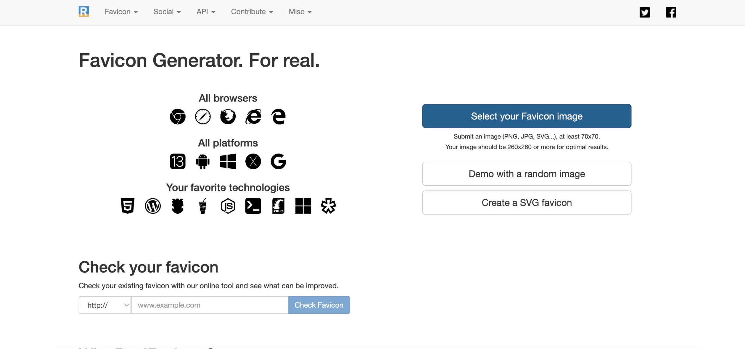 Capture d'écran montrant comment télécharger une image de favicon WordPress sur le site Web RealFaviconGenerator