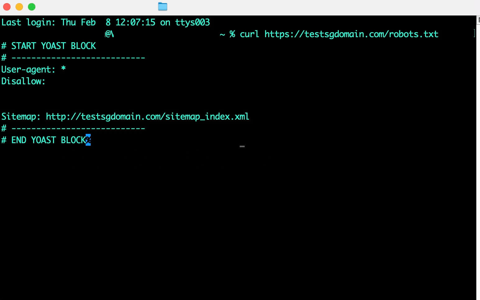 Démonstration d'une requête CURL pour tester un fichier robots.txt WordPress.