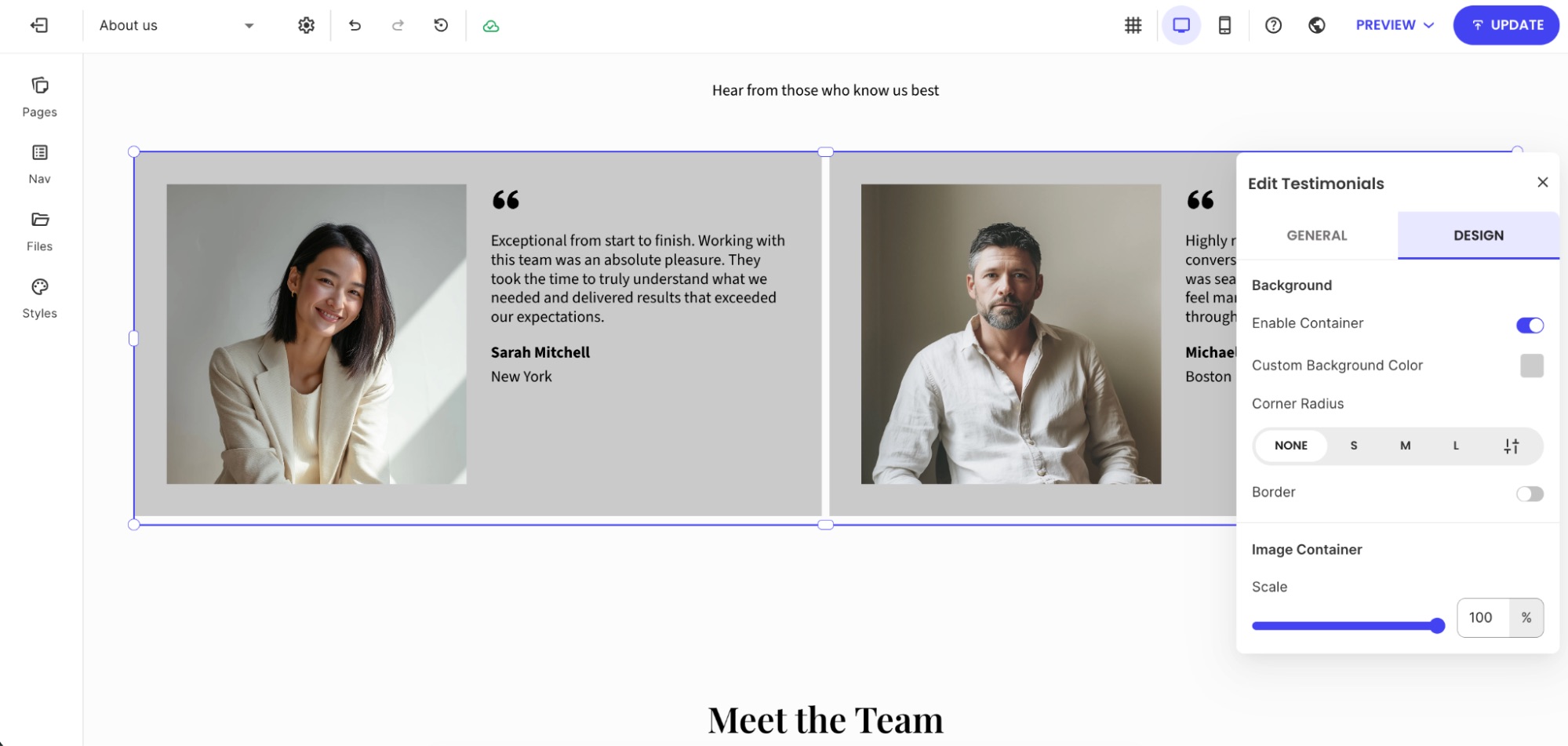 Testimonials Design tab with container enabled, custom background color, corner radius, and image scale control