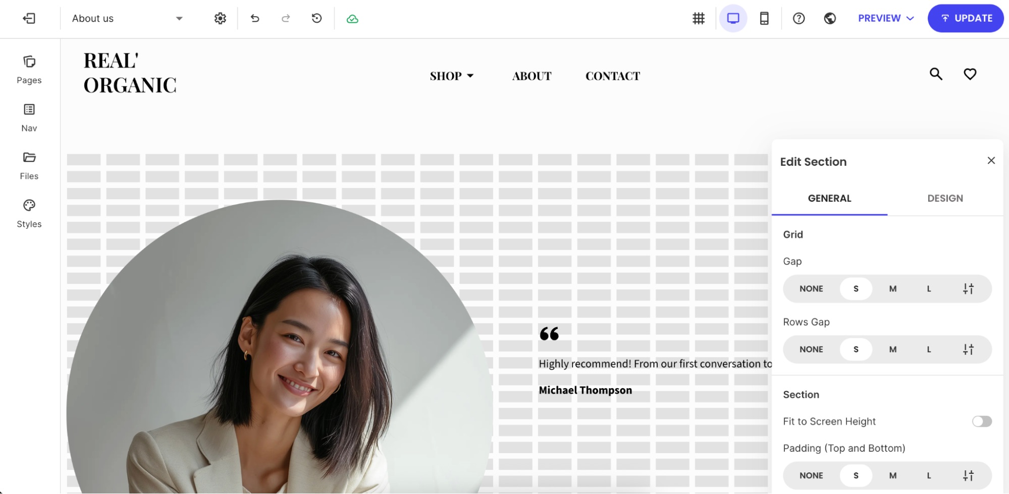 Testimonials General tab showing portrait layout, three columns selected, spacing controls, and display toggles