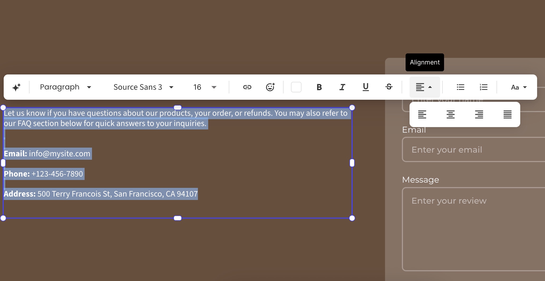 Capture d’écran d’un texte sélectionné, d’une barre horizontale avec plusieurs options de style et d’un zoom mettant en évidence le bouton d’alignement du texte.