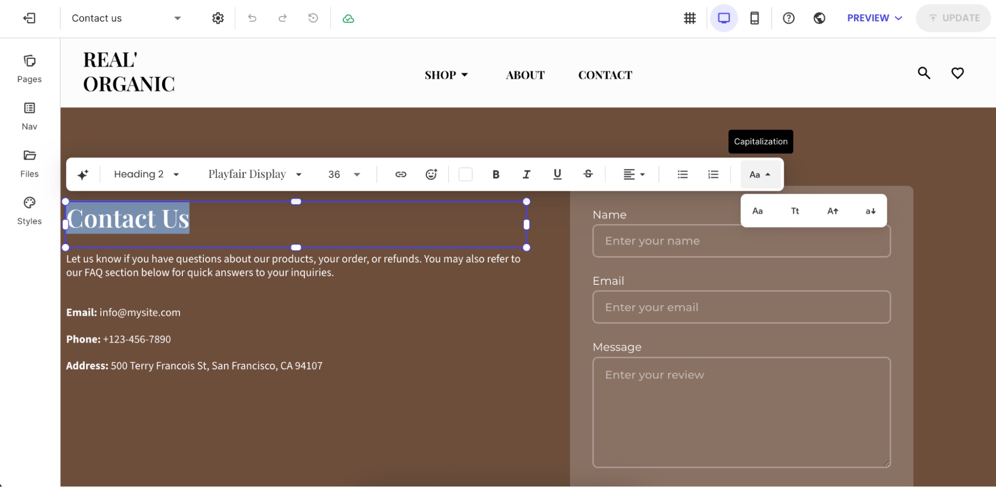Screenshot of highlighted text in SiteGround Website Builder. A horizontal bar with text formatting options is shown, and the Capitalization button is clicked, showing multiple text case options.