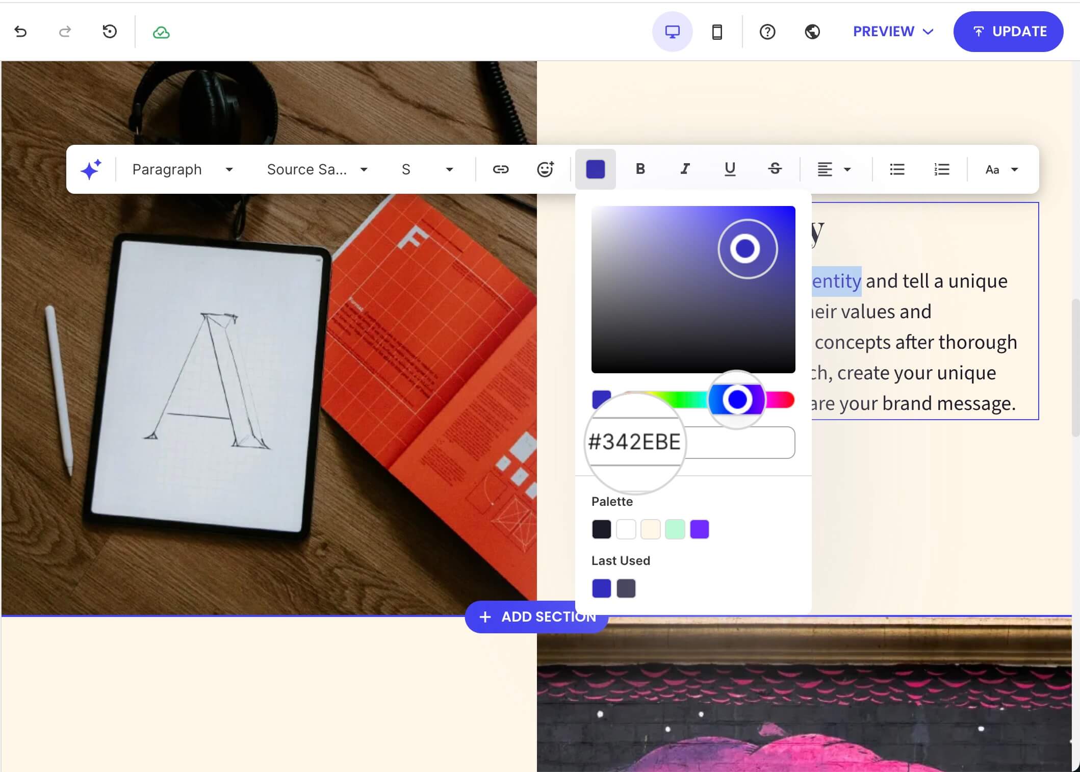 A color selector with sliders for the text color in Website Builder