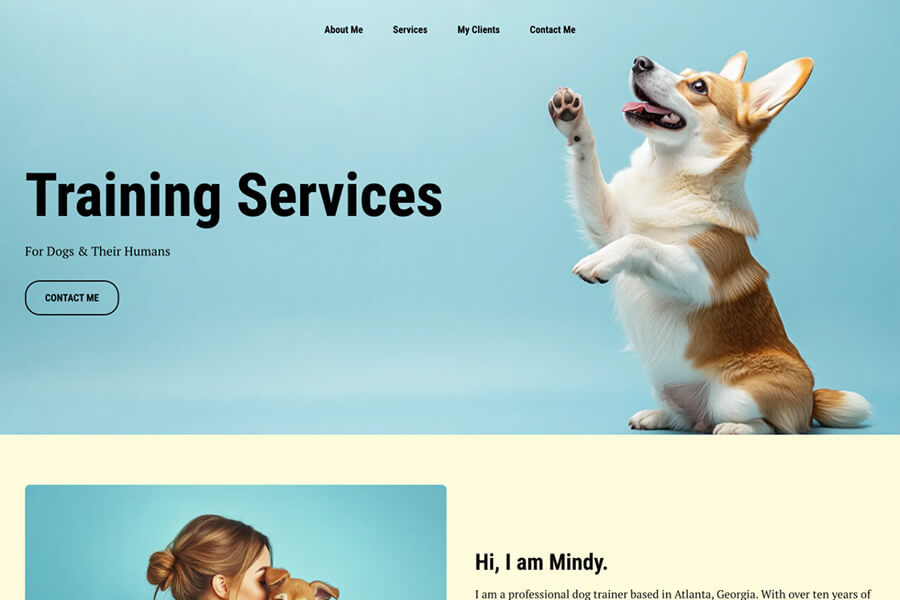 Pet training business website layout: Landing page featuring a blue hero section with a dog and an introduction to "Mindy," the trainer.