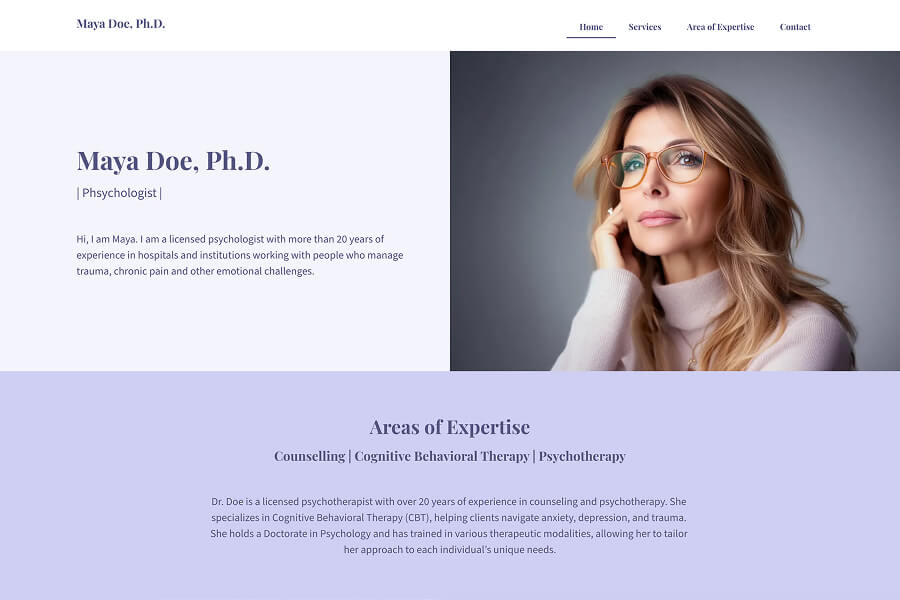 Psychologist professional website layout: Landing page for Maya Doe, Ph.D., featuring a professional portrait, biographical introduction, and areas of expertise.