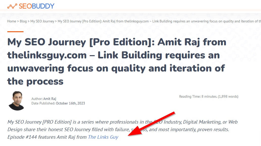 Graphique de titre de SEOBuddy présentant une interview pour illustrer un exemple de source de lien.