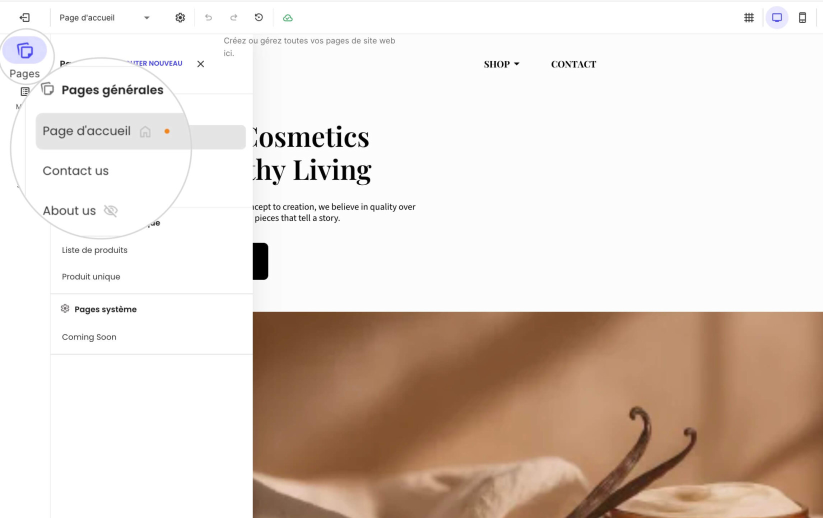 Toutes les pages existantes listées dans la section Pages du Website Builder