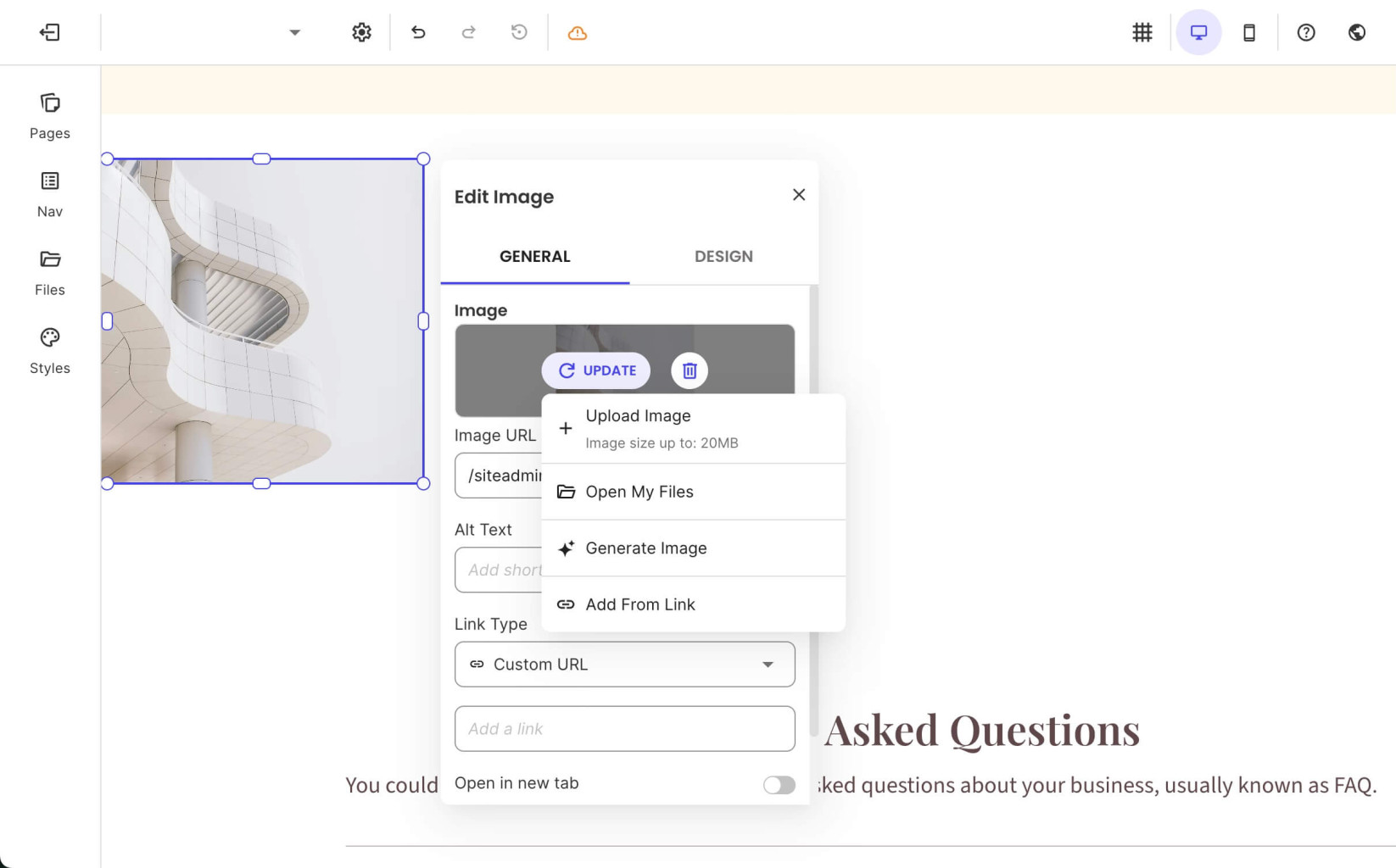 A selected image with a highlighted Update button displaying different options for replacing an image