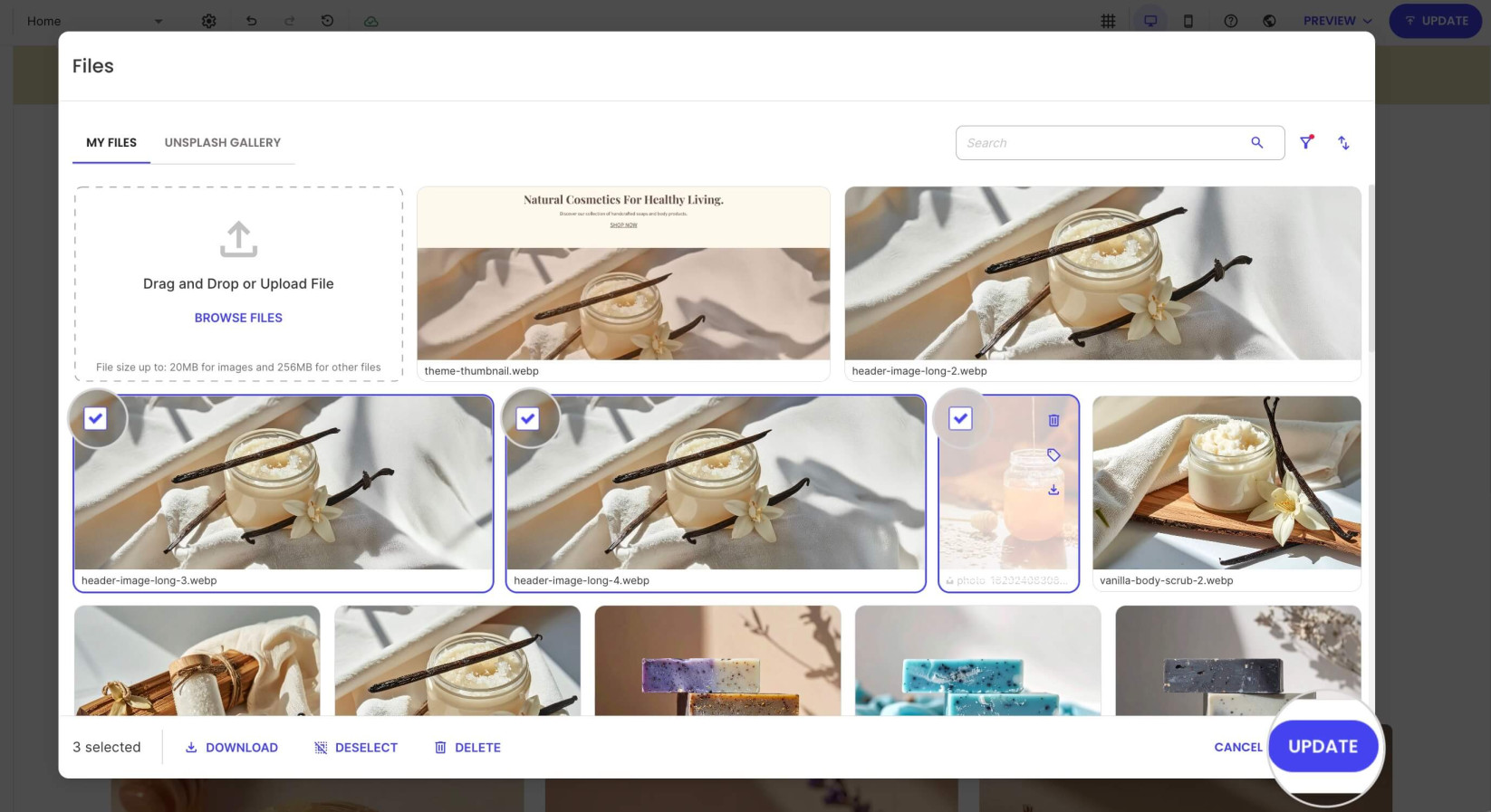 A pop-up screen for choosing an image that will be added to a gallery 