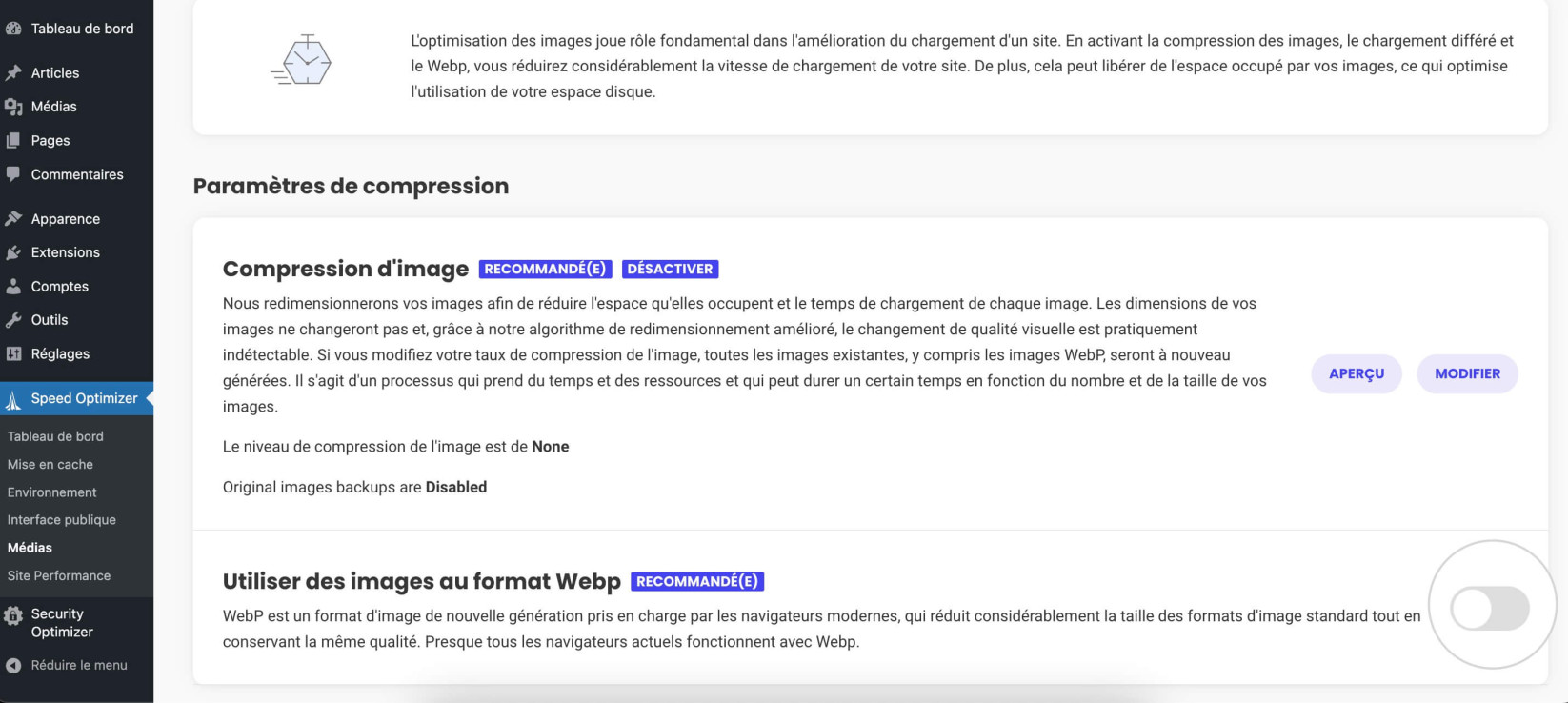 Capture d'écran des paramètres d'optimisation des médias de Speed Optimizer dans WordPress, avec une mise en évidence de l'option « Utiliser des images WebP ».