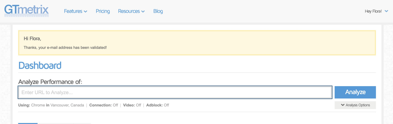 Capture d'écran du message de validation par email GTmetrix
