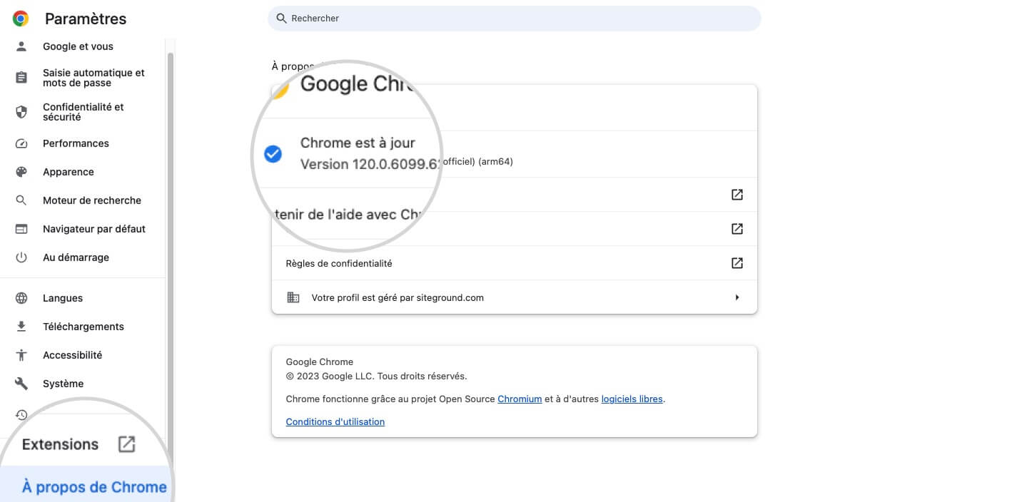 Capture d’écran de la page des mises à jour de Chrome