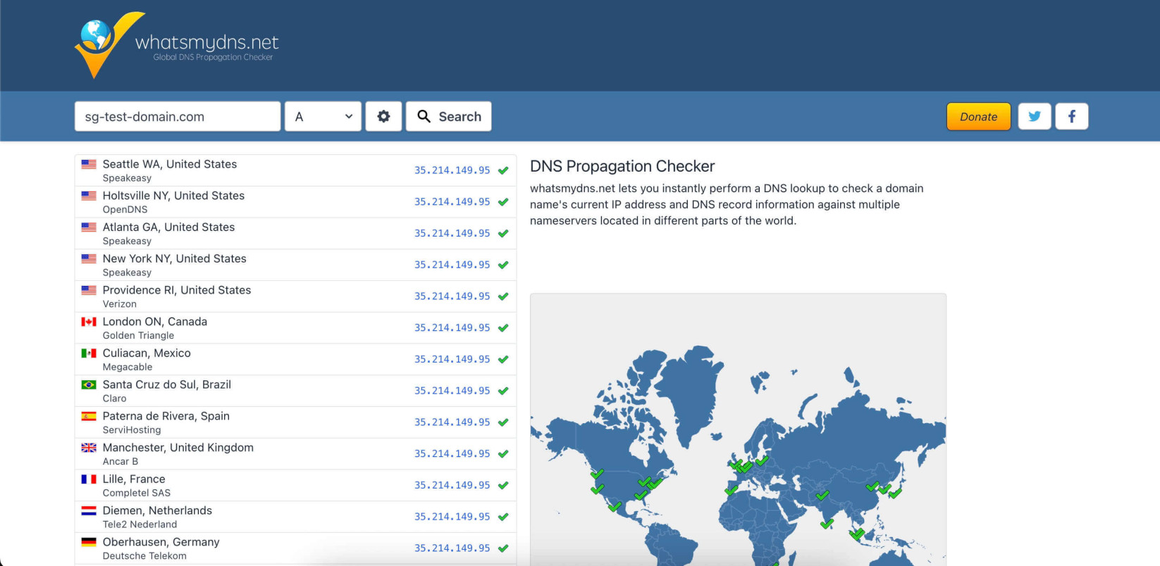 Capture d’écran de l’outil de vérification de propagation de Whatsmydns.net. Les résultats montrent que l’adresse IP du domaine est résolue à l’échelle mondiale.