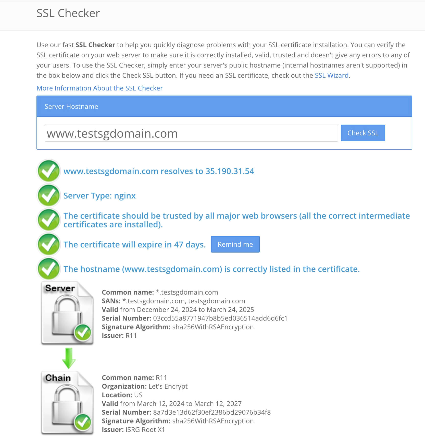 Outil de vérification SSL en ligne vérifiant la validité du certificat SSL et sa bonne installation sur un site Web.