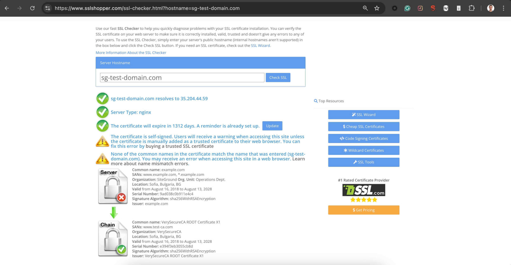 Résultats du vérificateur SSL de SSLshopper.com.