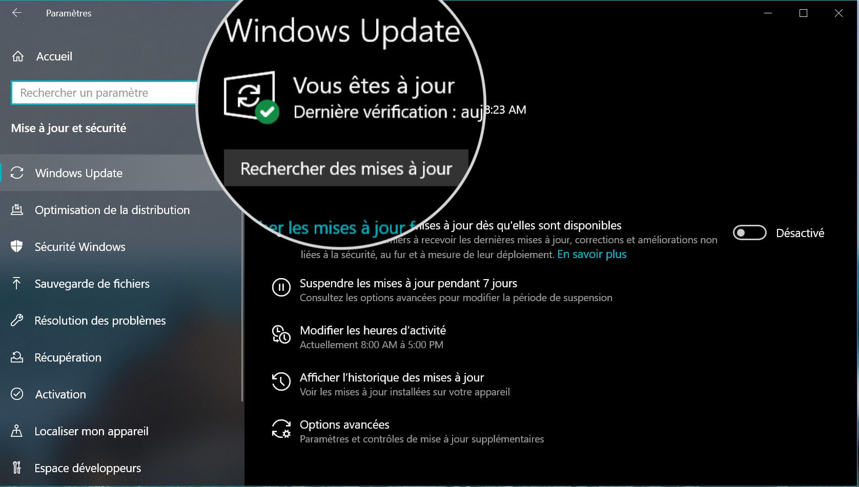 Paramètres de Windows Update avec le bouton « Rechercher les mises à jour » pour installer les derniers correctifs de sécurité.